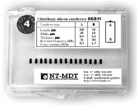 The package Ultrasharp Silicon Cantilevers. Part number is SCS11